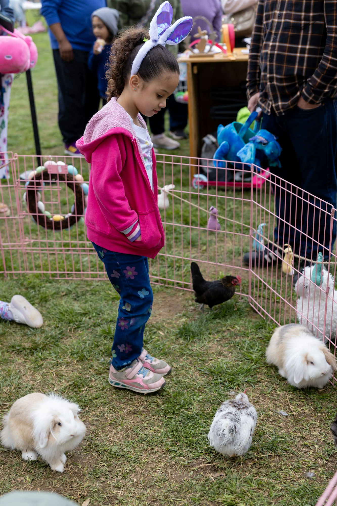 A child with bunny ears looks at small animals in a petting zoo with a pink fence.