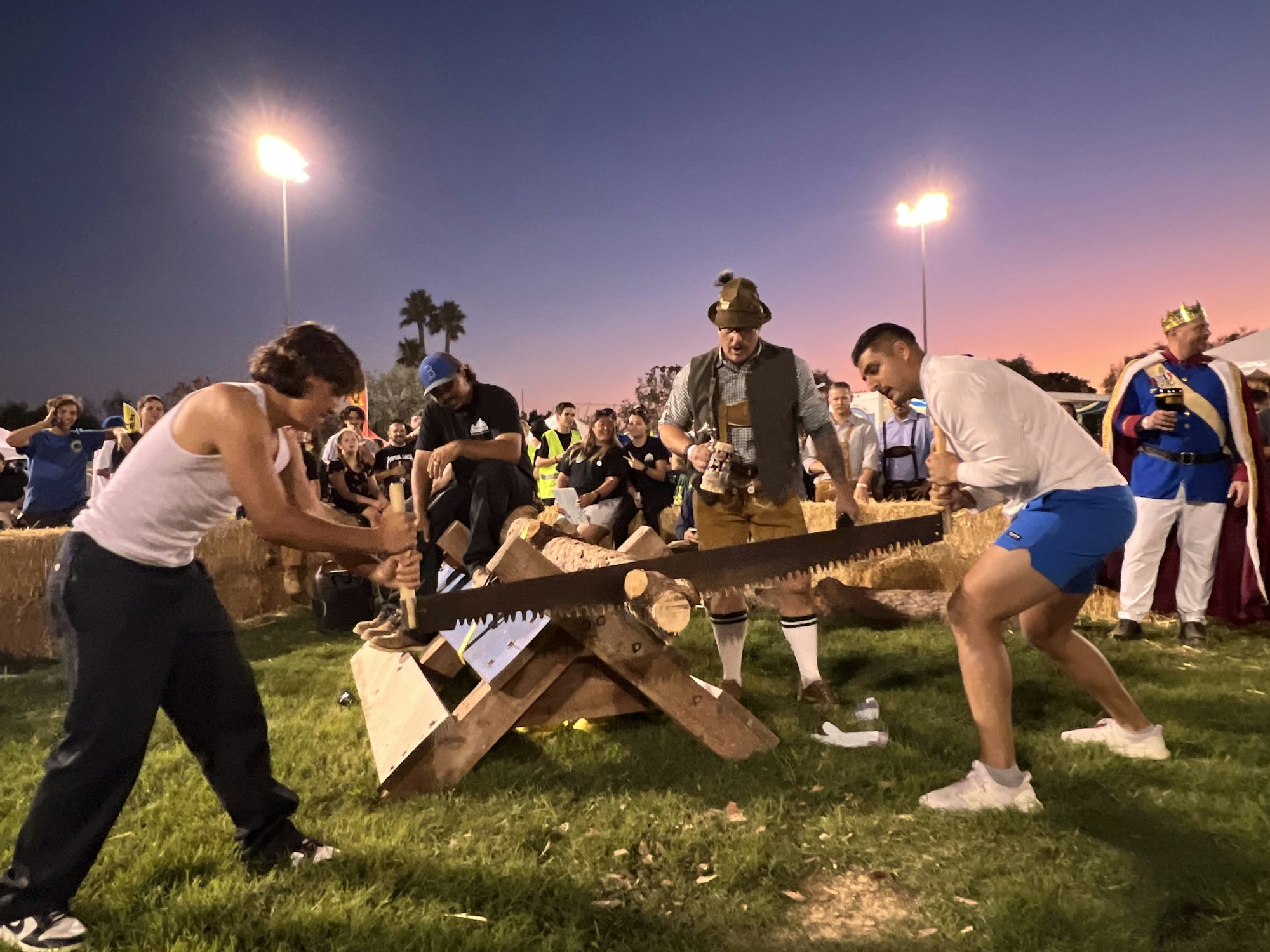 Two people sawing wood with a two-man saw at an outdoor event, surrounded by a cheering crowd.