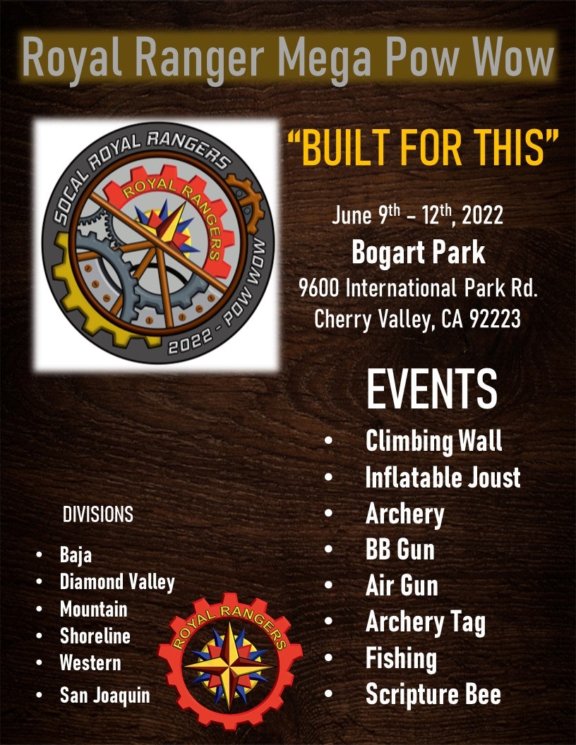 The image promotes the Royal Ranger Mega Pow Wow, featuring events like archery and climbing, held June 9-12, 2022, in Cherry Valley, CA.