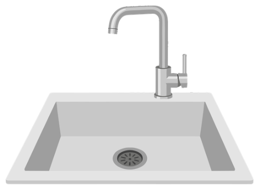 A simple kitchen sink with a modern faucet and a drain at the bottom.