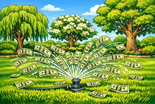 A whimsical scene featuring a sprinkler spraying water and dollar bills in a lush, green garden with trees.