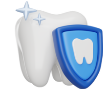 The image features a shiny white tooth next to a blue shield, symbolizing dental health and protection.