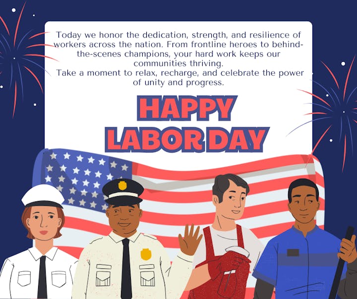 The image celebrates Labor Day, honoring workers' dedication and unity, with illustrations of diverse labor professionals.