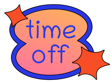 The image features a colorful speech bubble with the text "time off" in blue, accompanied by decorative star shapes.