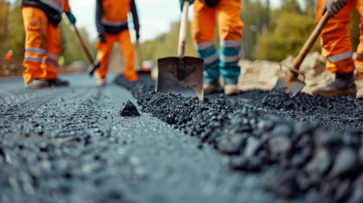 Workers in orange uniforms are using shovels to lay down asphalt on a construction site, with trees in the background.