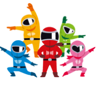 A group of five colorful, cartoonish ninjas in various poses, showcasing teamwork and energy.