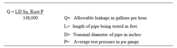 An equation for allowable leakage in pipes with variables for length, diameter, and pressure, defined below it.