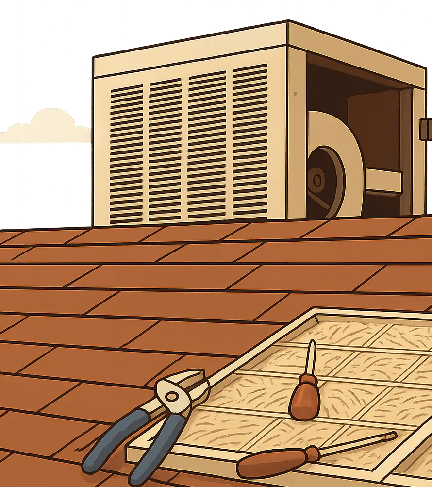 An air conditioning unit on a roof, with tools and a filter laying on the tiles below.