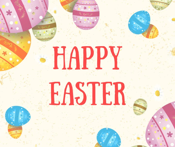 A festive image with colorful Easter eggs and the text "Happy Easter" on a light background.