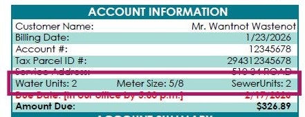 The image contains account information detailing water units (2), sewer units (2), and a billing date set for 1/23/2026.