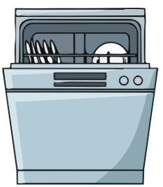 A cartoon-style dishwasher filled with plates and utensils, ready for cleaning.