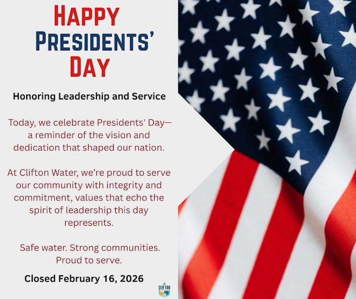 A message celebrating Presidents' Day, honoring leadership, with a reminder of service values, and noting closure on February 16, 2026.