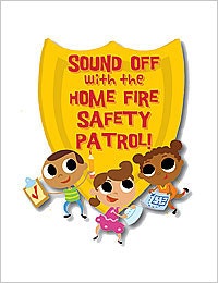 Three cartoon children with safety materials under a "Sound Off with the Home Fire Safety Patrol!" banner.