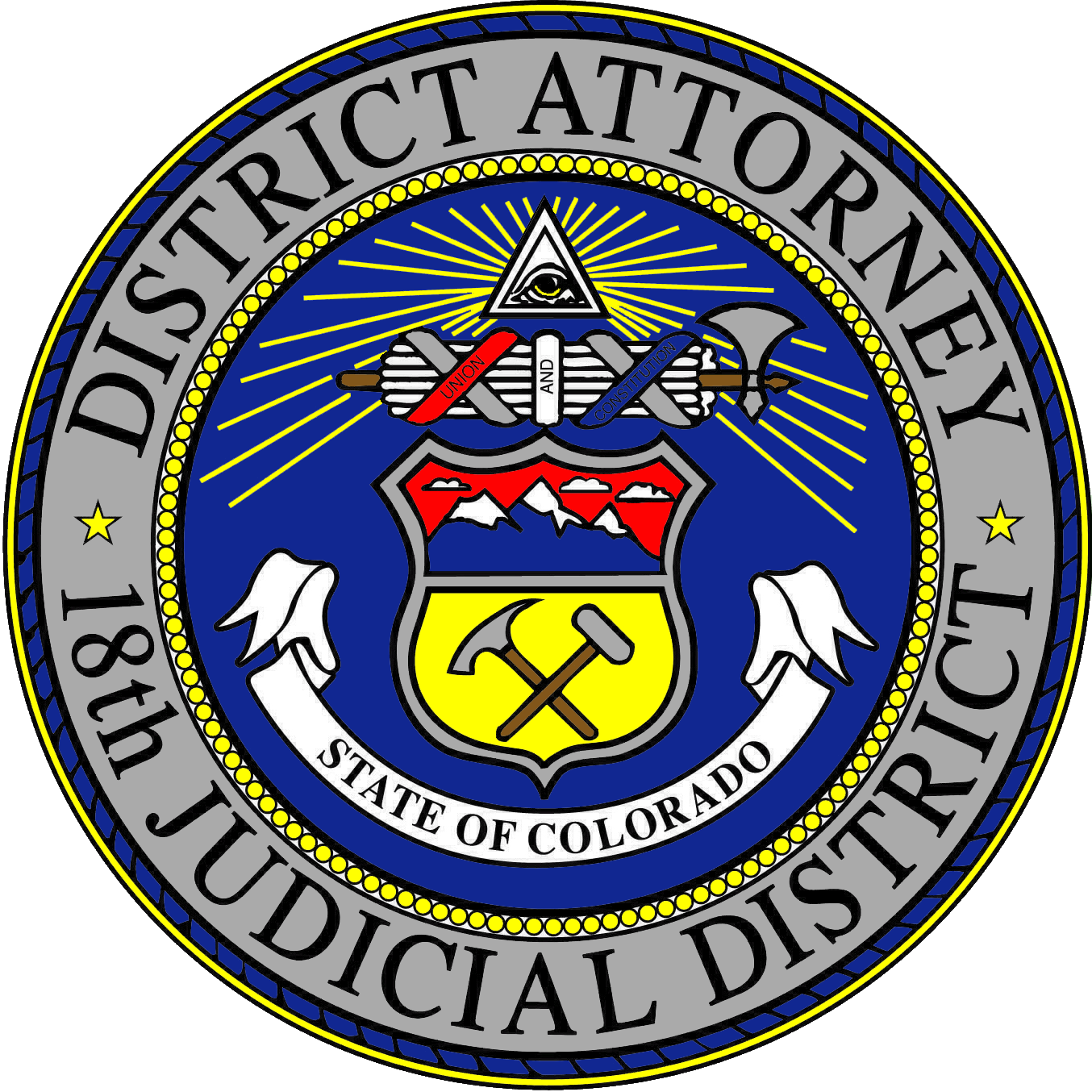 Seal of the 18th Judicial District Attorney, State of Colorado, with symbols of justice, mountains, and the motto "Union and Constitution."
