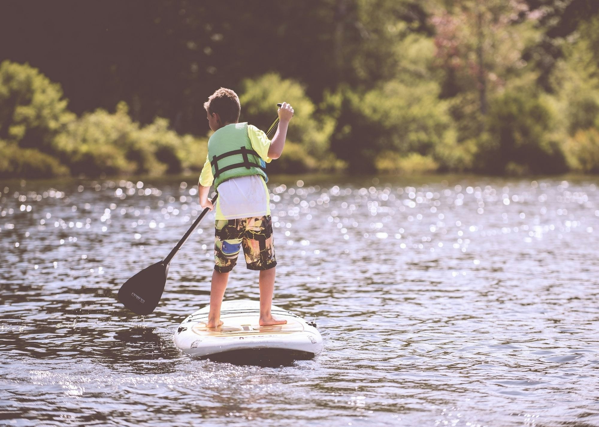 Child paddleboarding on a sunlit lake, wearing a life jacket, surrounded by greenery.