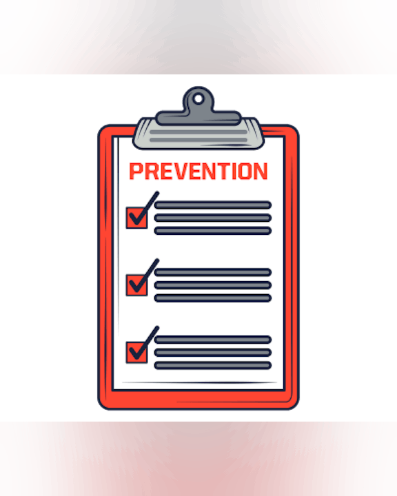 A checklist labeled "PREVENTION" on a clipboard, with items checked off.
