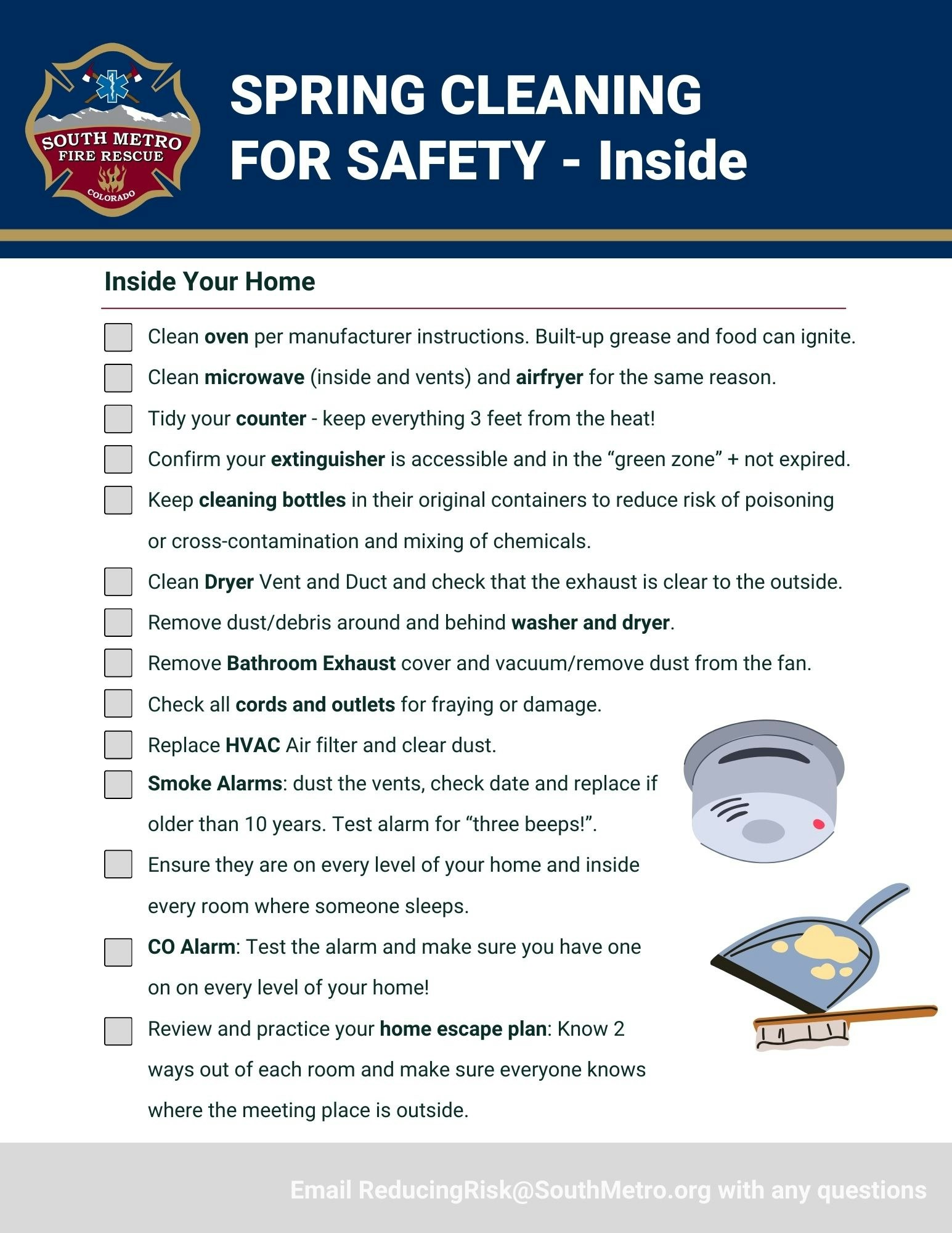 Guidelines for spring cleaning to enhance safety at home, focusing on appliances, smoke alarms, and emergency preparedness.