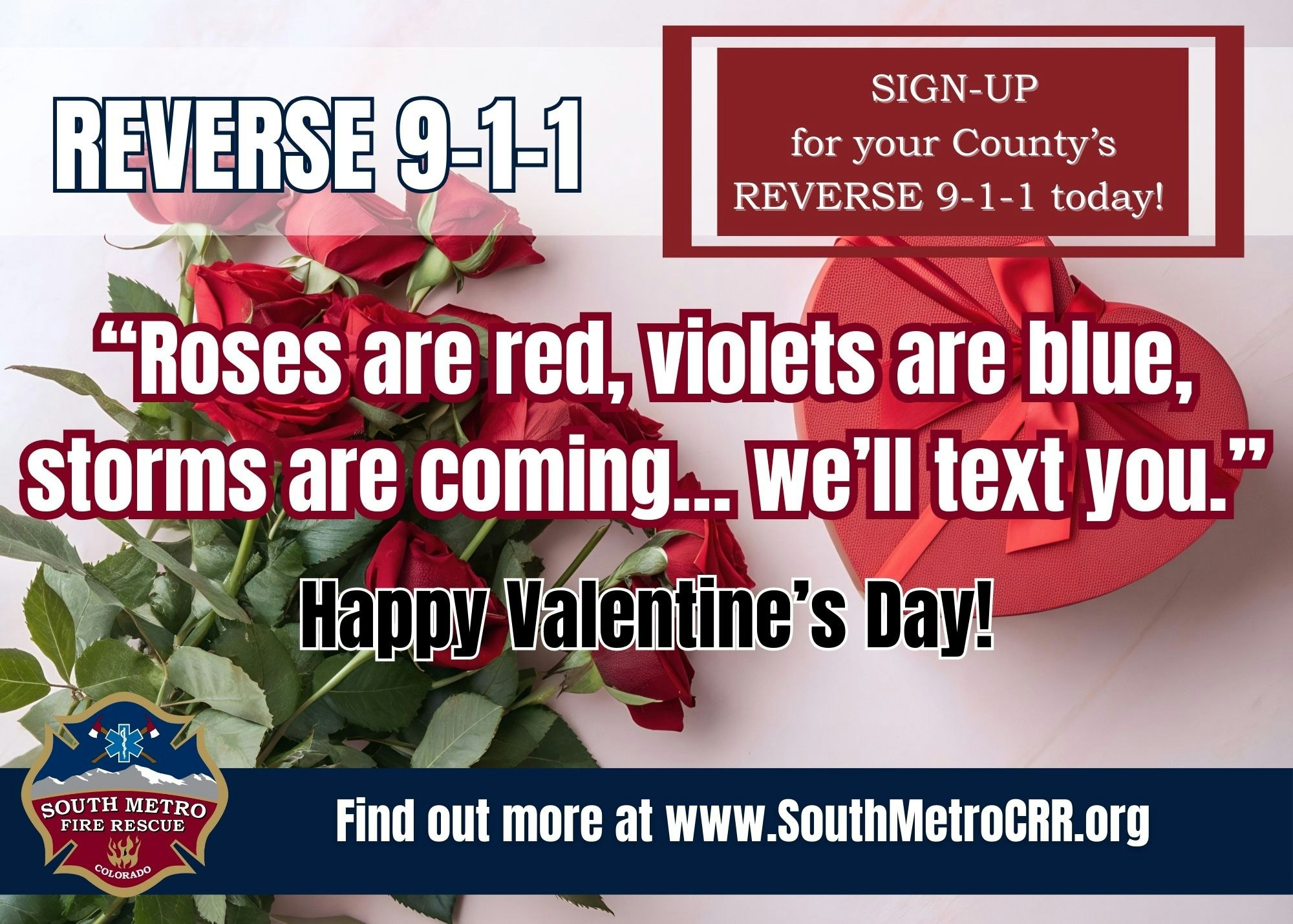 The image promotes "Reverse 9-1-1" registration with a playful Valentine’s Day poem and features roses and a heart-shaped box.