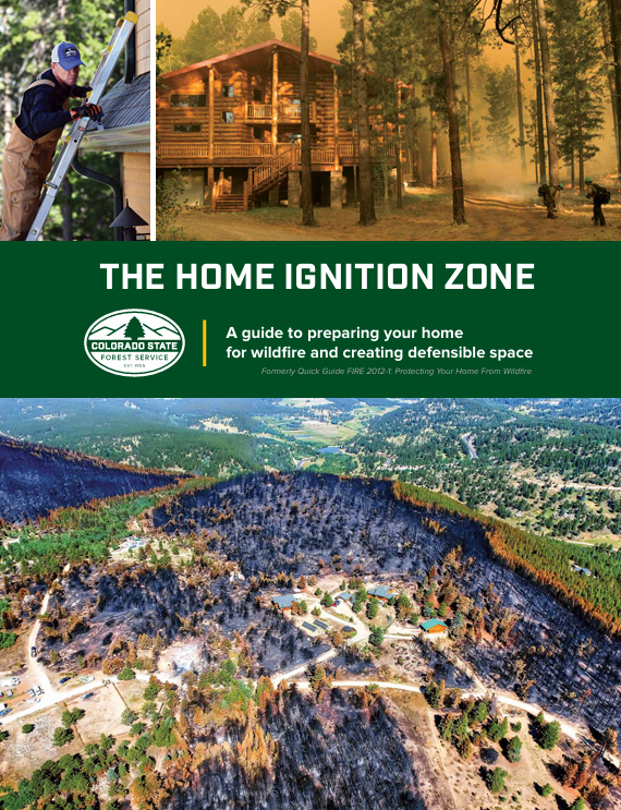 The image shows a guide titled "The Home Ignition Zone" by the Colorado State Forest Service, focusing on wildfire preparation and defensible space.