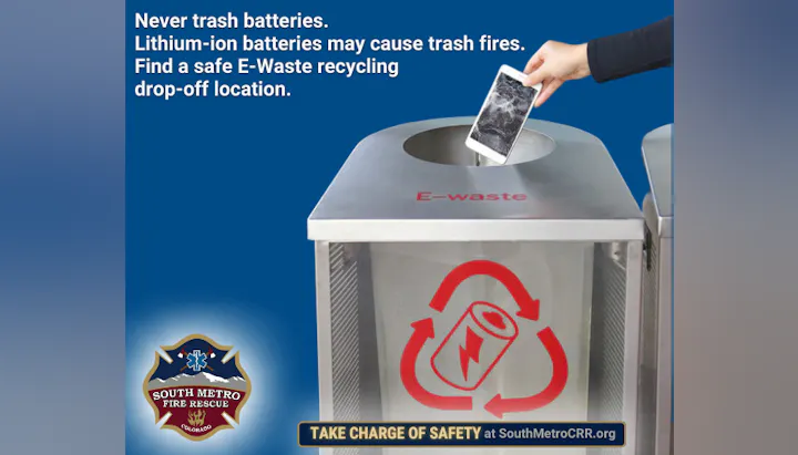 A person disposing of a phone in an e-waste bin with a fire safety warning about lithium-ion batteries.