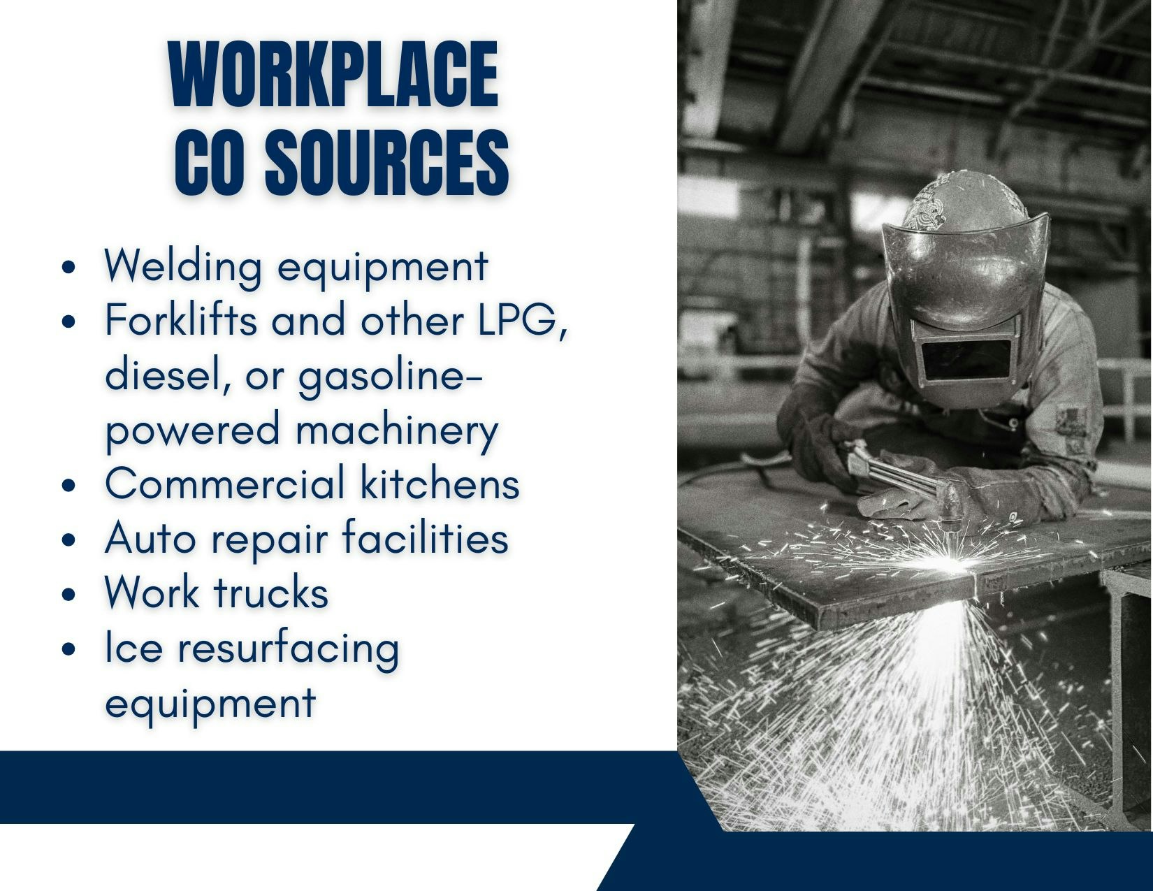 The image lists workplace sources of carbon monoxide, including welding equipment, forklifts, kitchens, and more.