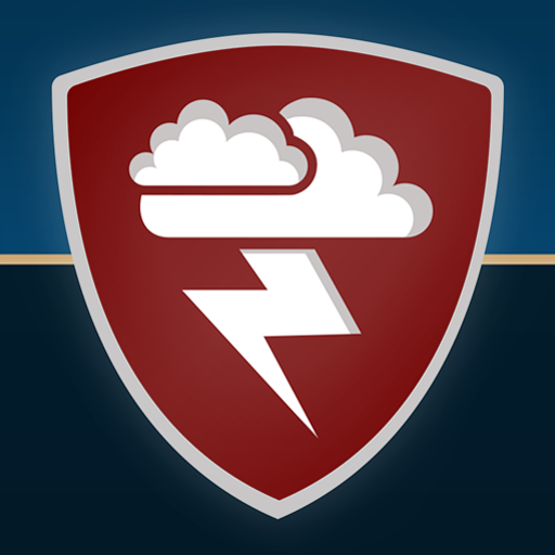 A red shield with a white cloud and lightning bolt design, set against a blue background.