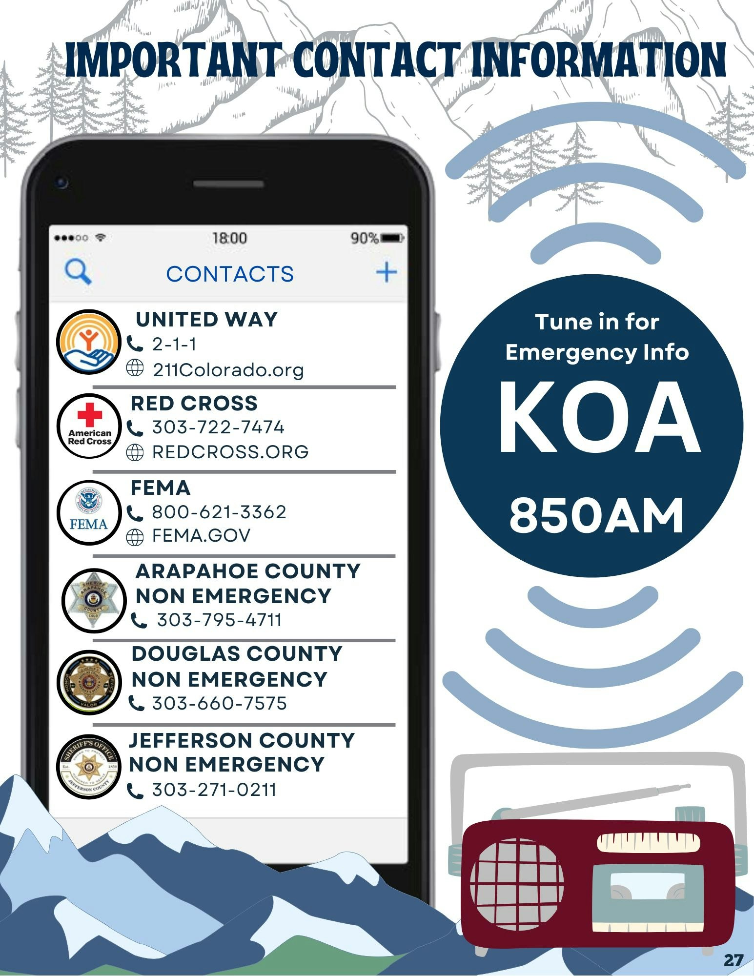 The image lists important emergency contact information, including United Way, Red Cross, FEMA, and county non-emergency numbers.
