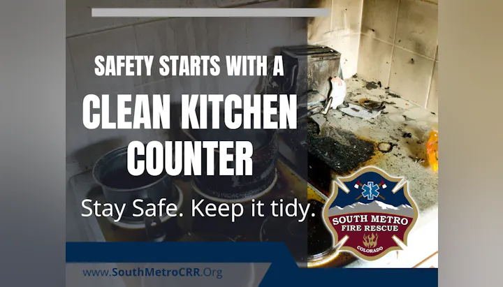 "Safety Starts with a Clean Kitchen... Stay Safe. Keep it Tidy" with background image of burnt kitchen.