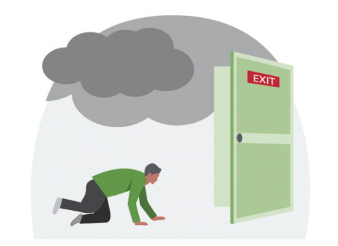 A person is crawling on the floor toward an open exit door, with smoke above.
