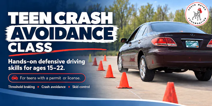 A promotional image for a Teen Crash Avoidance Class, offering defensive driving skills for ages 15-22, focusing on safety techniques.