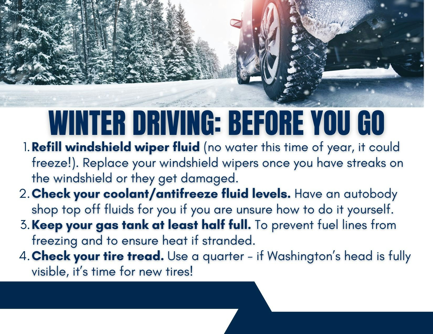 Tips for winter driving: refill wiper fluid, check coolant/antifreeze, keep gas tank half full, and check tire tread. Stay safe!