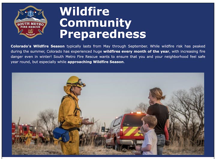 A flyer promoting wildfire community preparedness, with a firefighter talking to a woman and child, a fire truck in the background.