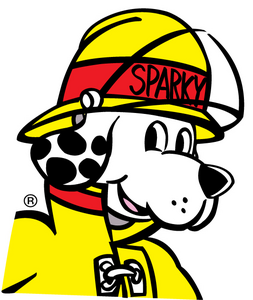 A cartoon Dalmatian in a firefighter outfit with a yellow hat labeled "Sparky."