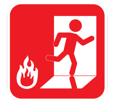 A fire exit sign with a figure running towards an open door, and flames at the bottom left corner.