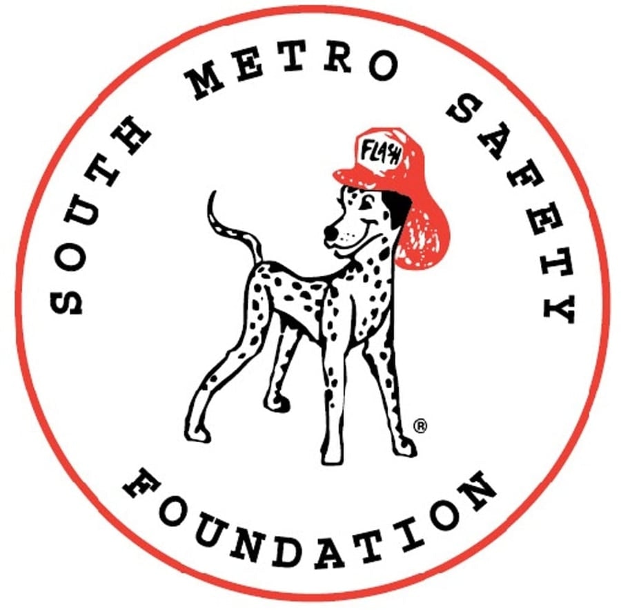 Logo of the South Metro Safety Foundation featuring a Dalmatian wearing a firefighter helmet.