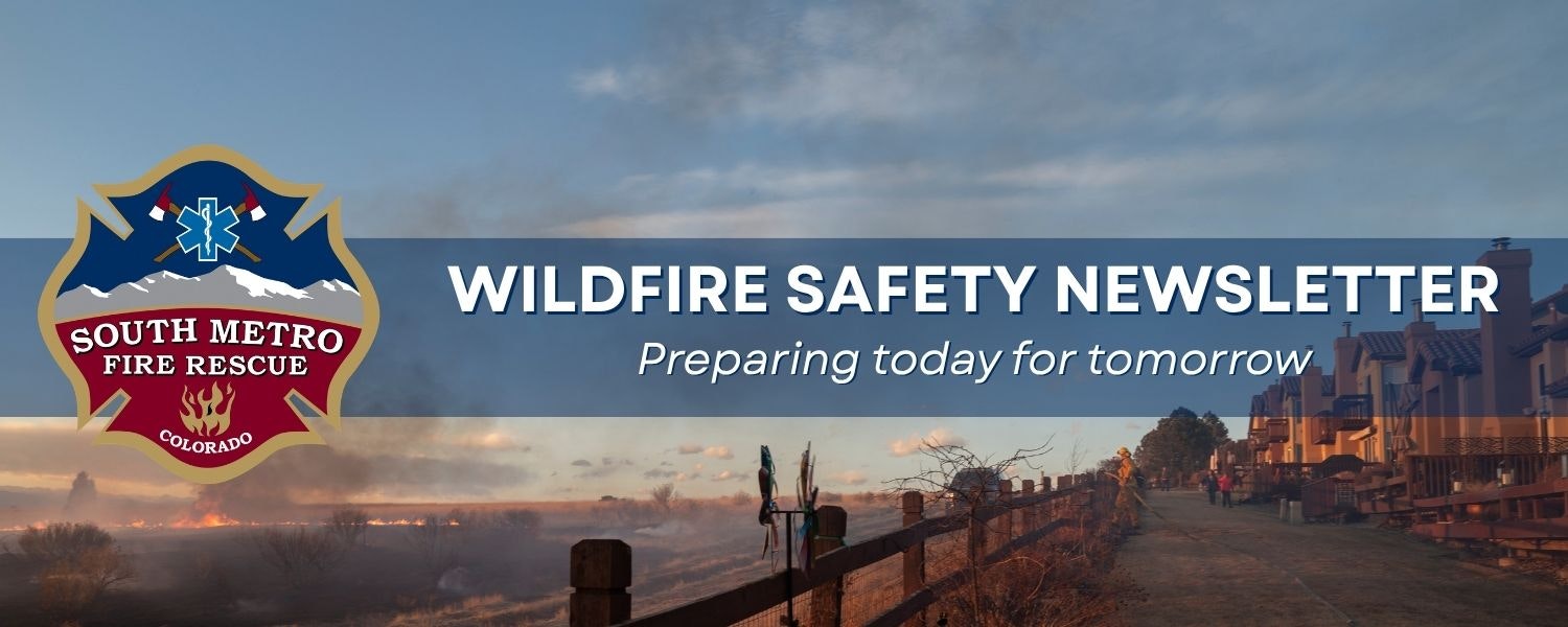 Wildfire Safety Newsletter Banner overlay on neighborhood with wildfire in the distance
