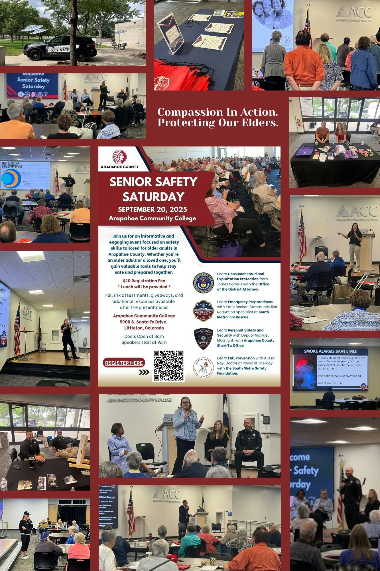 Collage promoting Senior Safety Saturday at Arapahoe Community College with event details, presentations, and safety information.