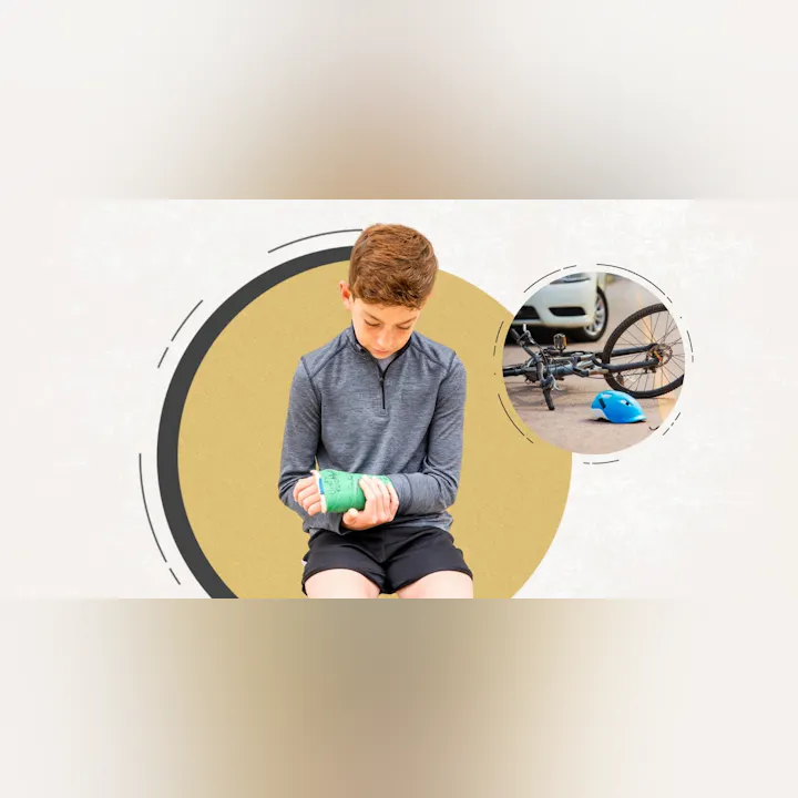 A boy with a cast looks at his injured arm, next to an image of a fallen bike and helmet, suggesting an accident.