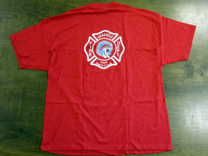 A red t-shirt with a white circular logo on the back.