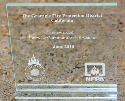 A clear award plaque for the Graeagle Fire Protection District, California, recognizing Firewise Communities/USA status, dated June 2010.