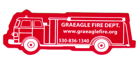 A red sticker of a fire truck with text for the Graeagle Fire Department and contact information.