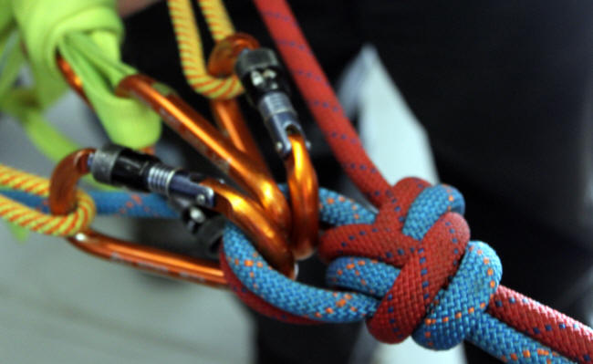 Climbing ropes tied in knots with carabiners.
