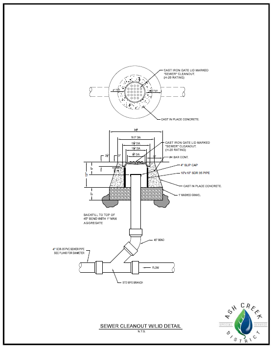 This image is a technical drawing detailing a sewer cleanout installation with dimensions and components specified.