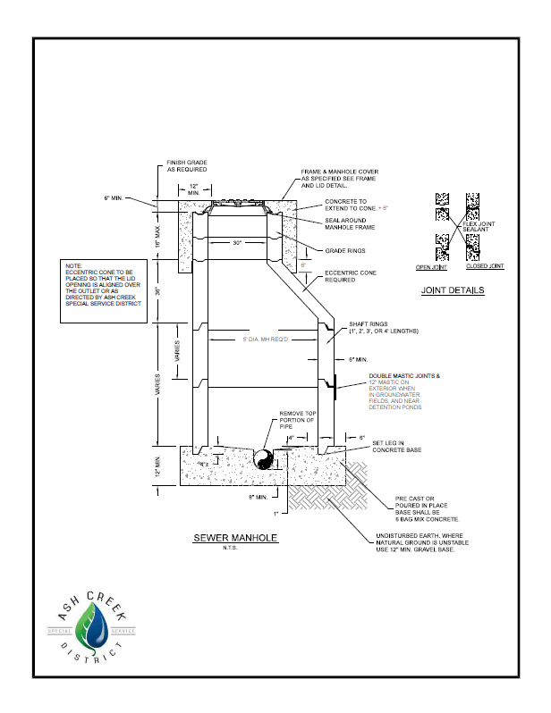 The image is a technical diagram detailing a sewer manhole design, including dimensions, joint details, and material specifications.