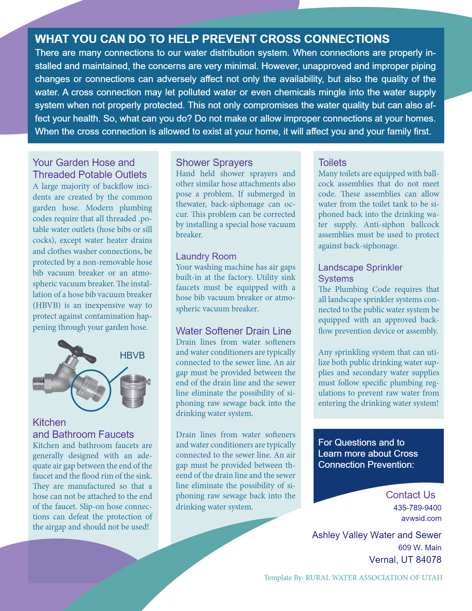 An informational flyer about preventing cross connections in water systems, with text and diagrams, colored in blue and green.