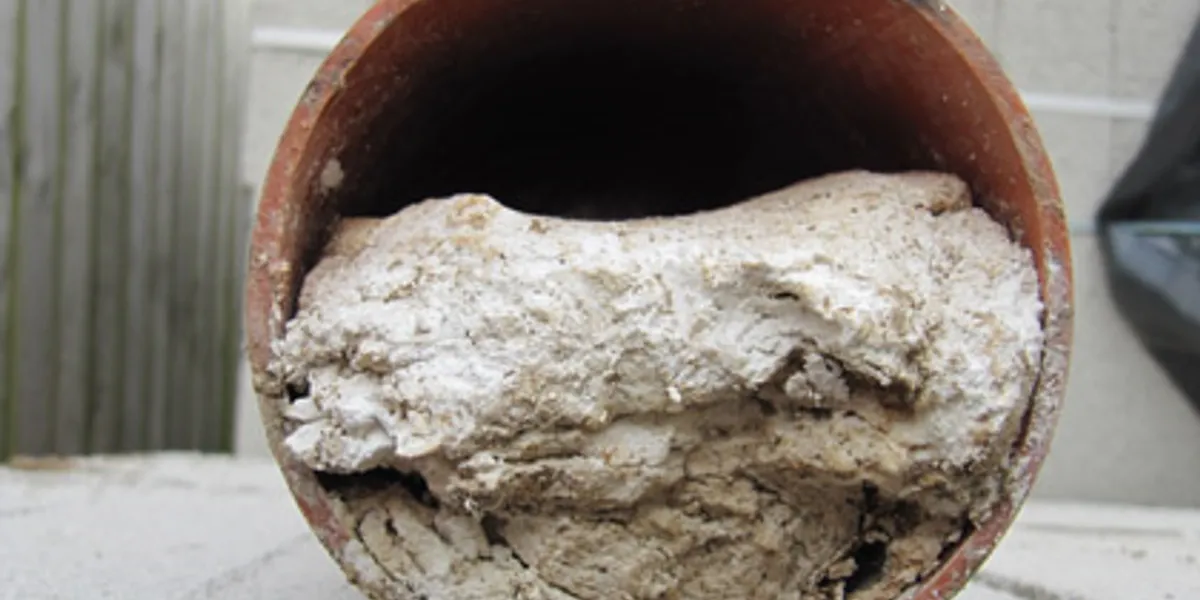 A clogged pipe with a hardened mass, likely caused by fat and non-biodegradable buildup.
