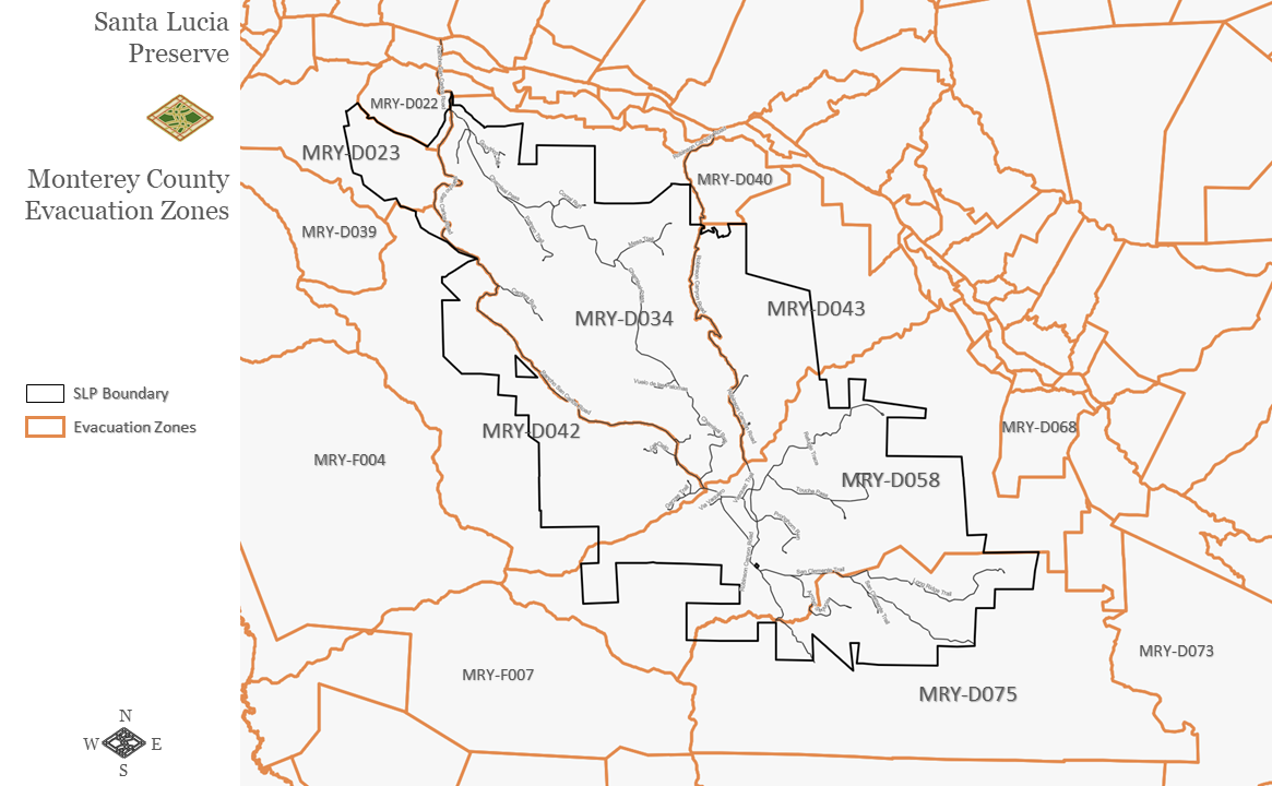 Map showing the Santa Lucia Preserve and evacuation zones in Monterey County, outlined with boundaries and zone identifiers.
