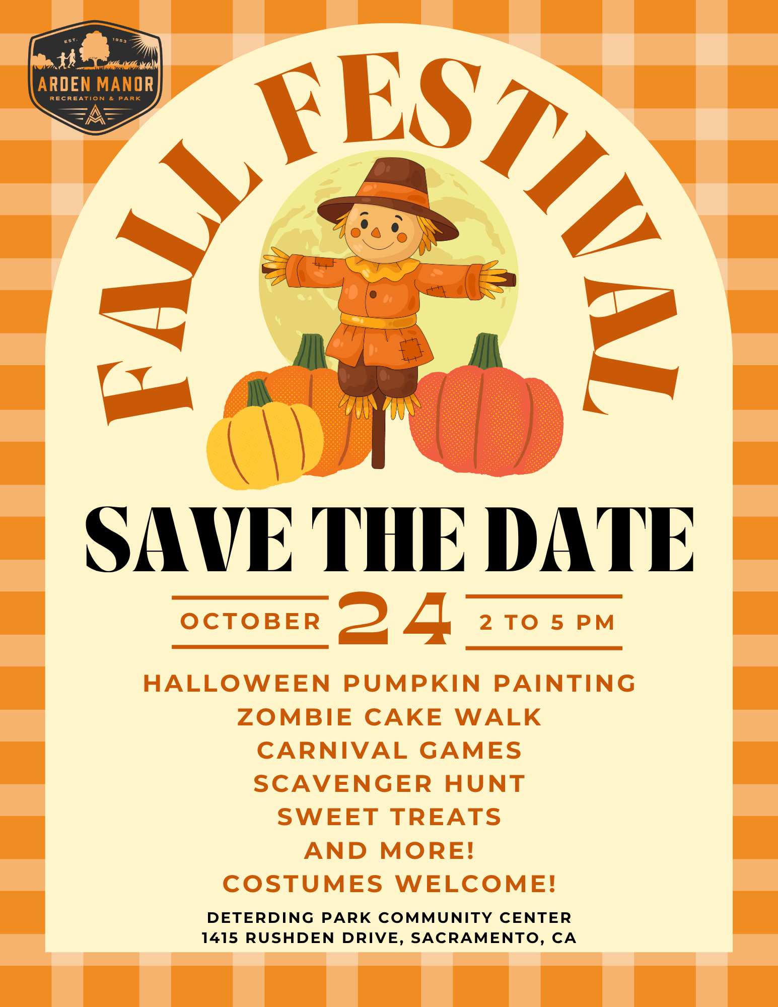 Join the Fall Festival on October 24, 2-5 PM at Deterding Park! Enjoy games, pumpkin painting, and more. Costumes welcome!