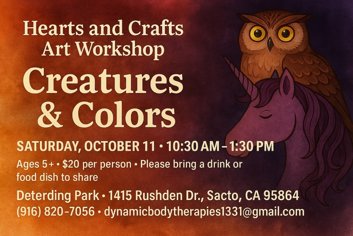 Hearts and Crafts Art Workshop: Creatures & Colors on Saturday, October 11, 10:30 AM–1:30 PM at Deterding Park for ages 5+, $20/person.