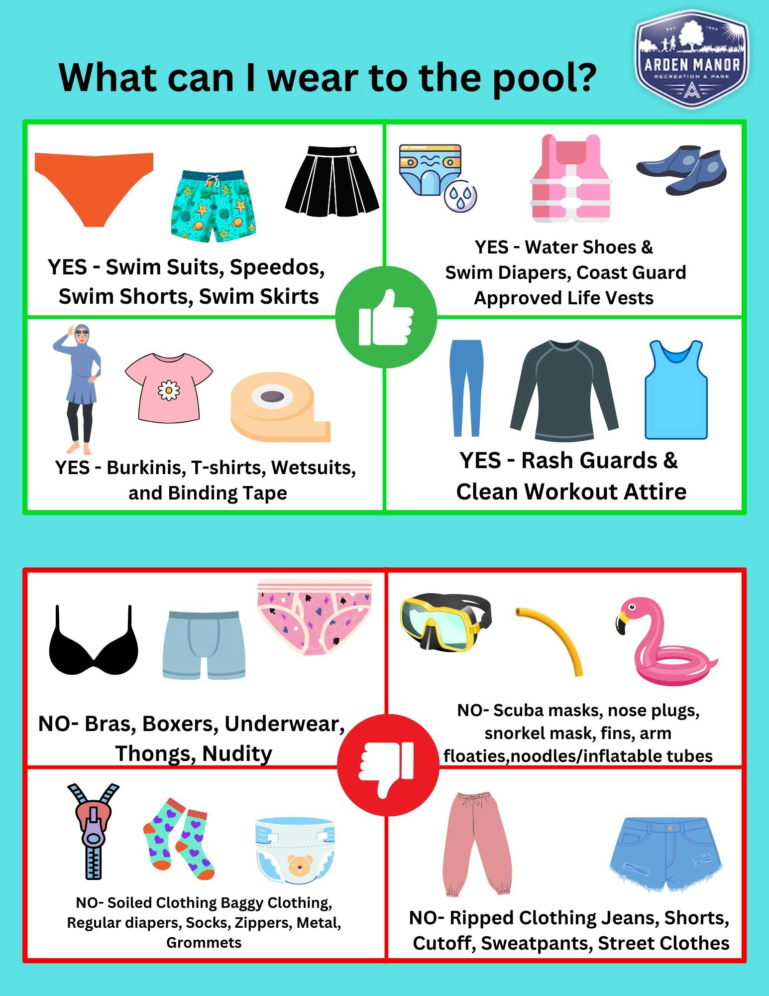The image details acceptable and prohibited swimwear for the pool, including guidelines on various types of clothing.